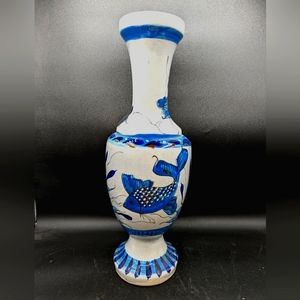 15" Leaping Fish Vase Signed Tonala Mexico Pottery Blue  tones